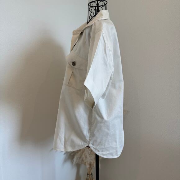 Frame Cotton Linen Blend Patch Pocket Utility Cropped Short Sleeve Top Cream XS - Picture 7 of 10